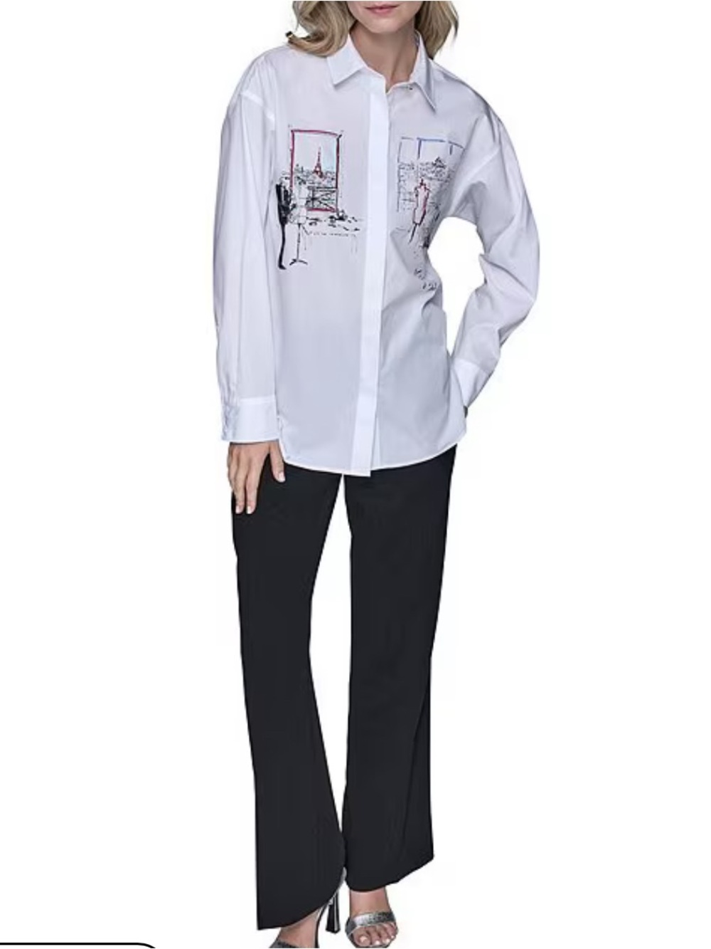 Karl Lagerfeld White Button-Up Shirt with Subtle Black & Red Sketches